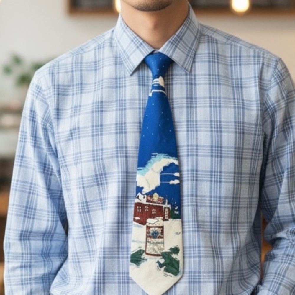 🍀2/$22 NWT Vintage 90s Budweiser Frog Cabin Winter Christmas Mens Necktie Blue